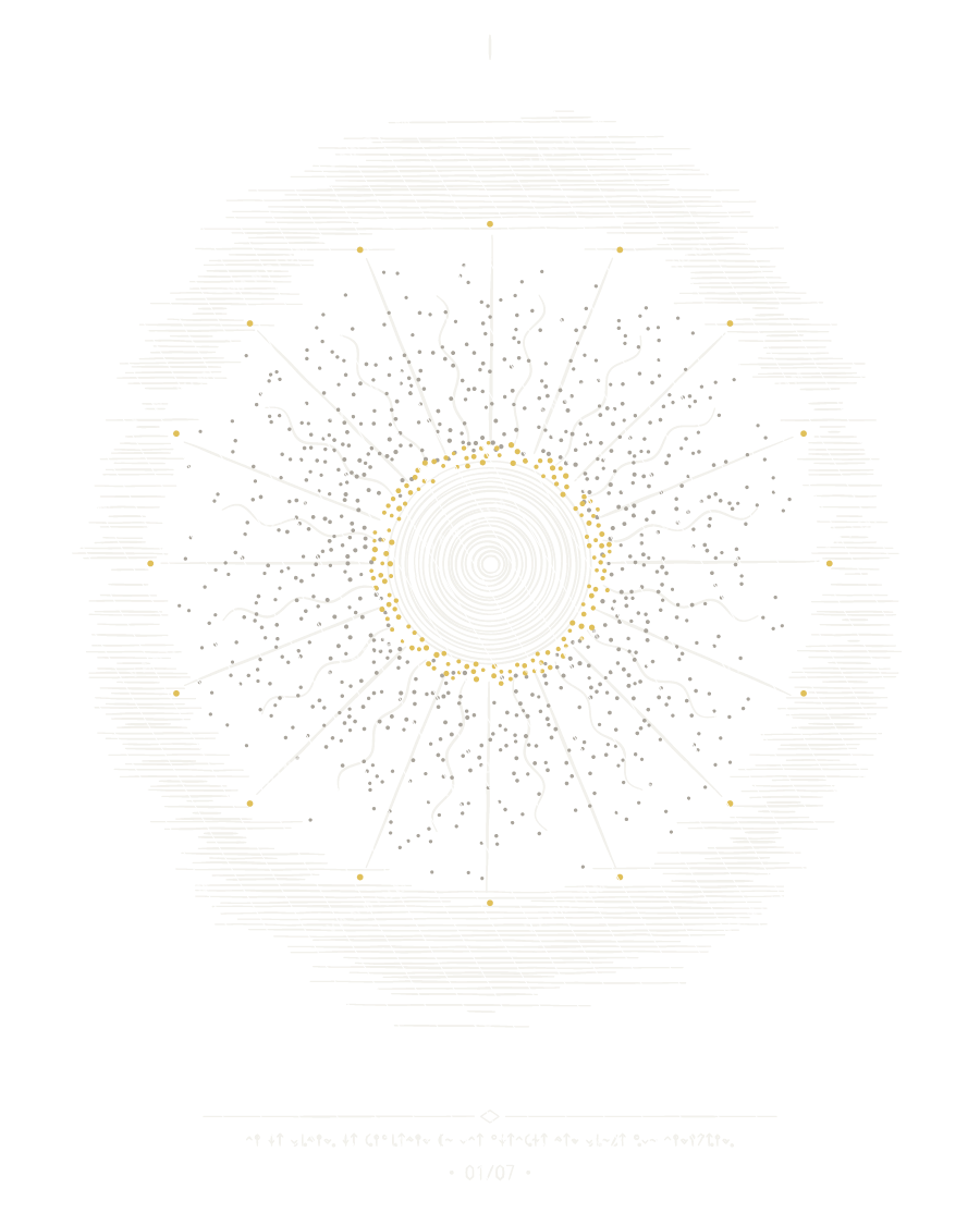 The Mother Star engraved like an old codex sun, with burin rings and straight and wavy rays.